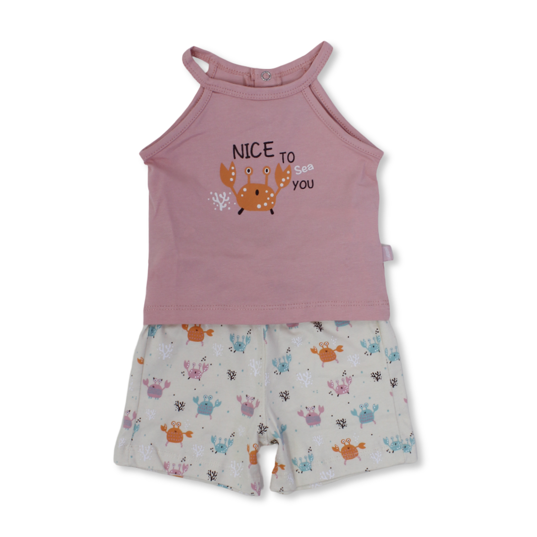 Baby Girls Cotton Pajama – Pink with "Nice to Sea You" Print