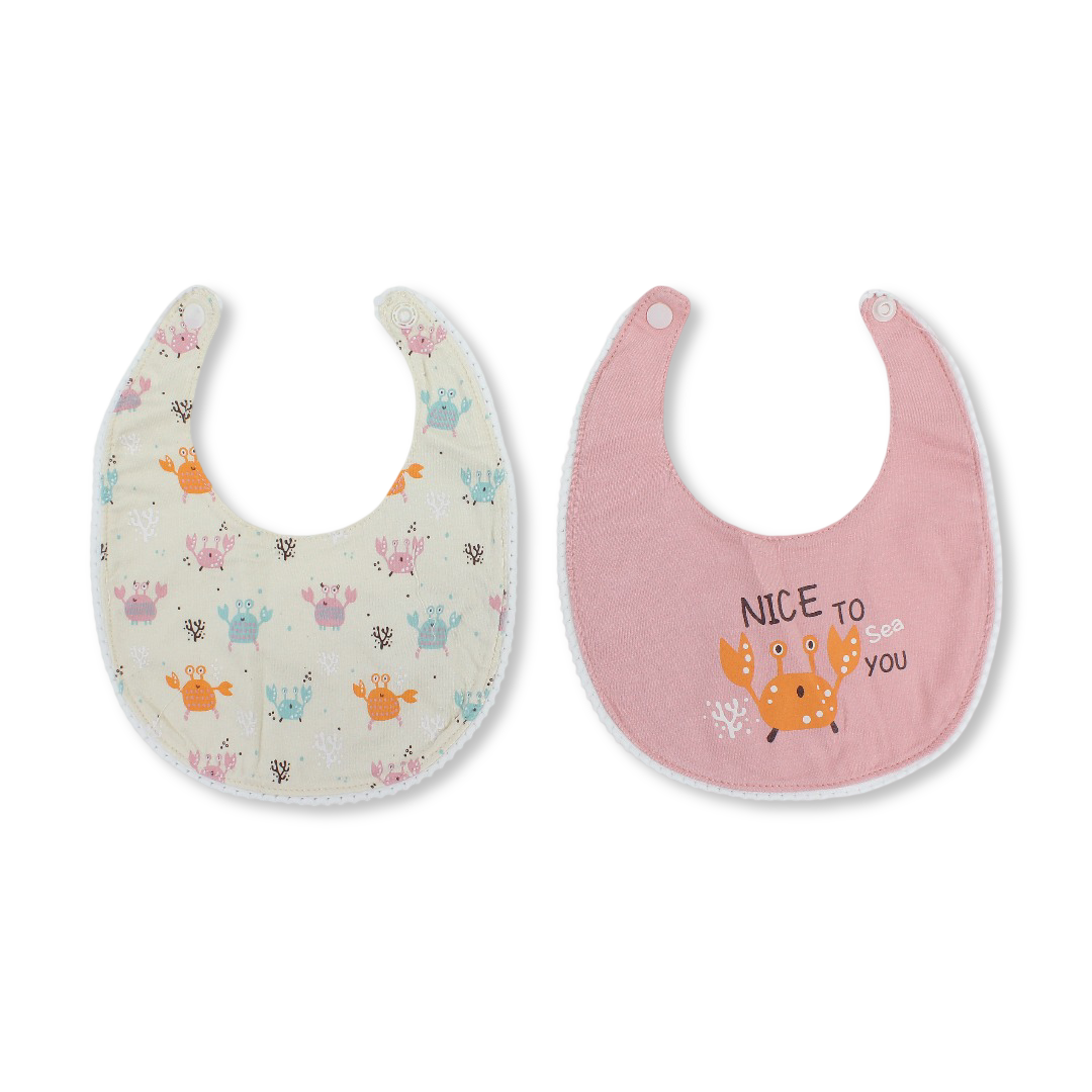 Cotton Bib Pink & Beige with "Nice To Sea You" Print – Pack Of 2