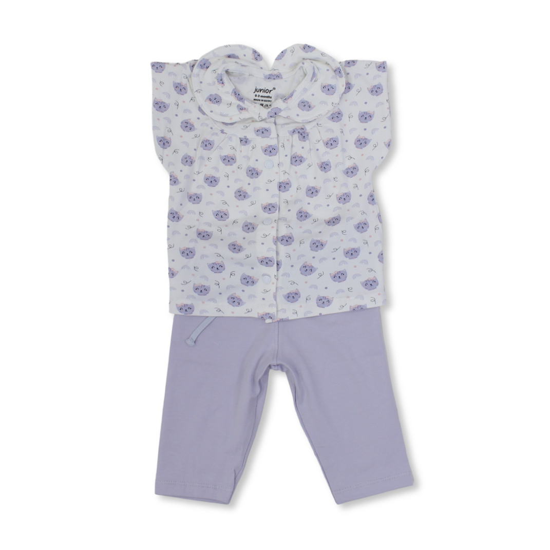 Baby Girls Cotton Pajama – Off-White with Cats Print