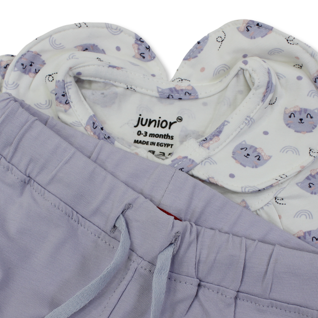 Baby Girls Cotton Pajama – Off-White with Cats Print