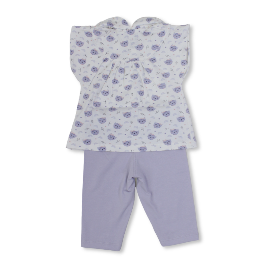 Baby Girls Cotton Pajama – Off-White with Cats Print