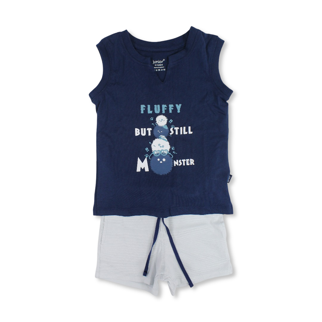 Baby Boys Cotton Sleevless Pajama – Navy with "Fluffy" Print