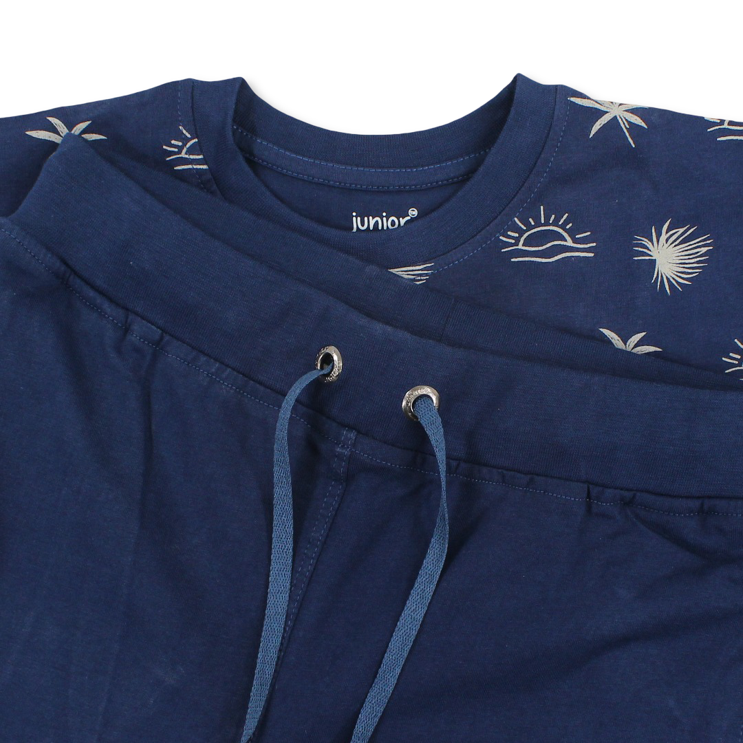 Baby Boys Cotton Pajama – Navy with Sea Waves at Sunset Print