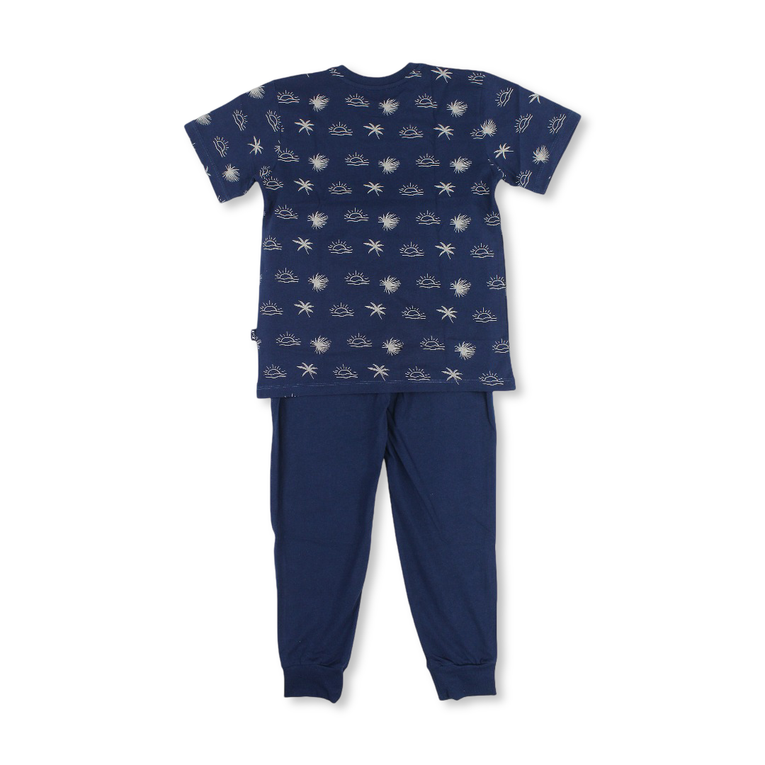 Baby Boys Cotton Pajama – Navy with Sea Waves at Sunset Print