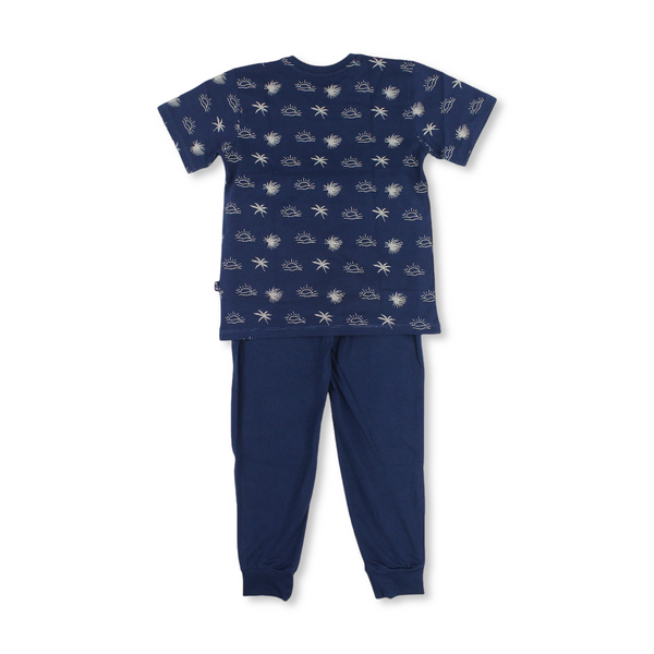 Baby Boys Cotton Pajama – Navy with Sea Waves at Sunset Print