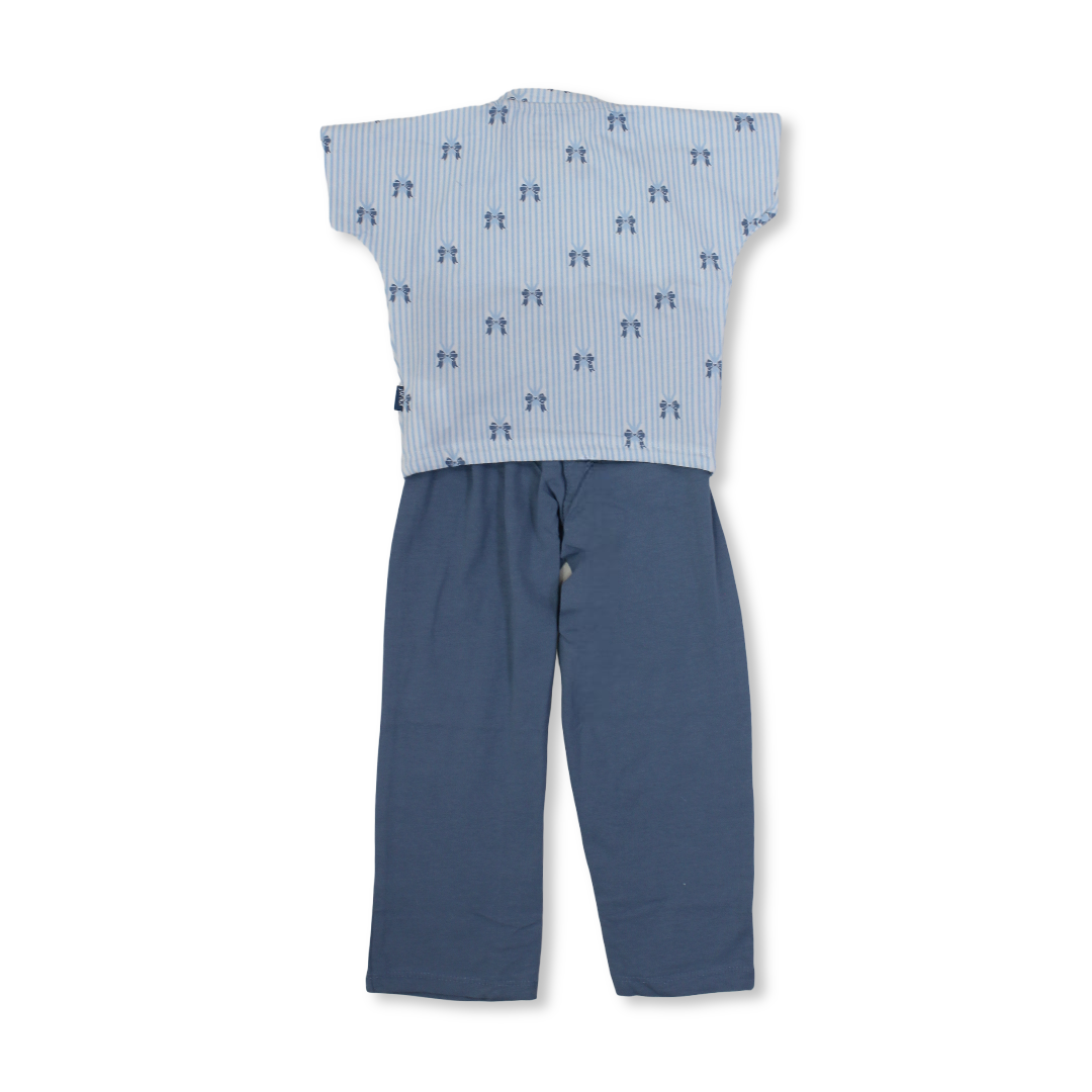 Girls Cotton Pajama – Baby Blue with Bows Print