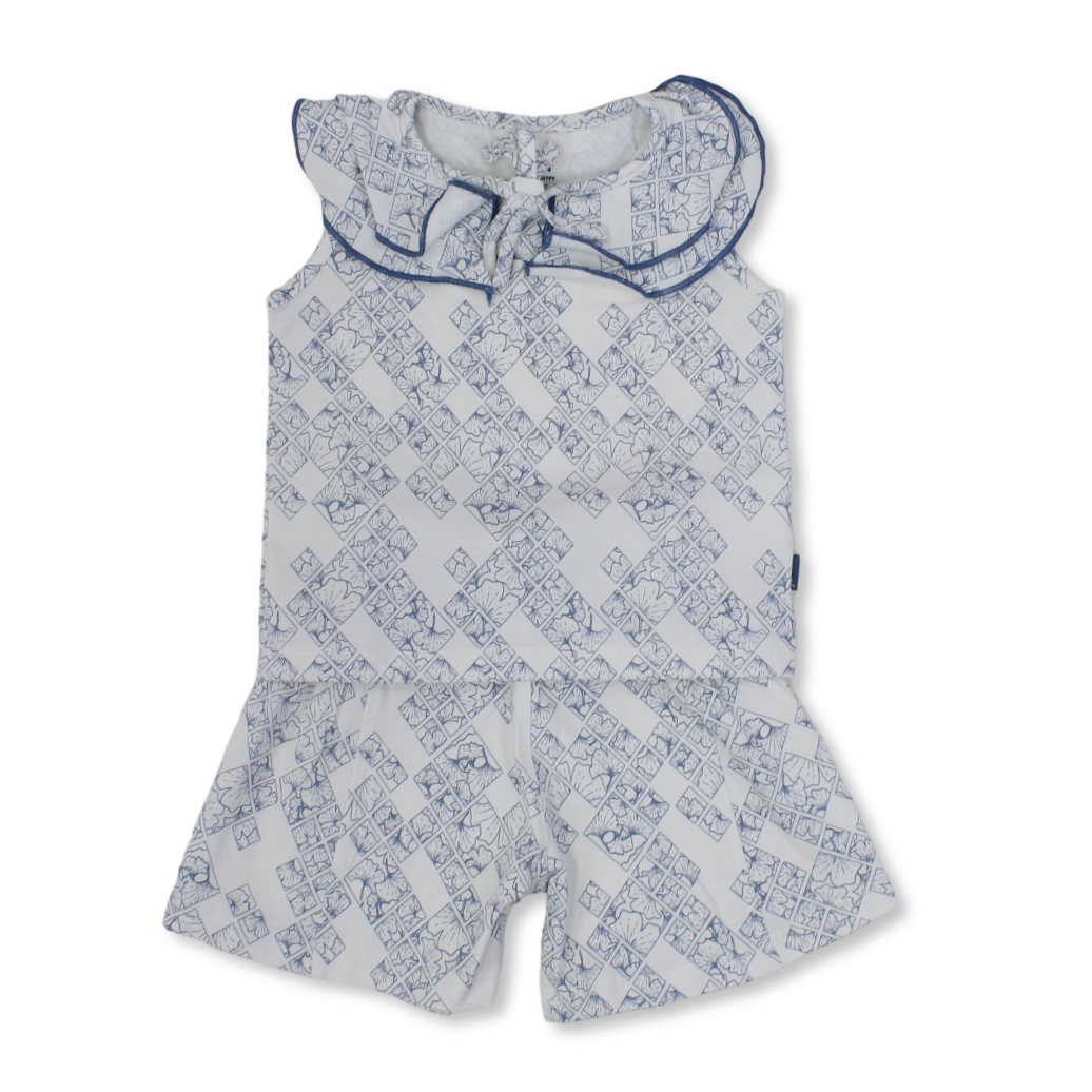 Girls Cotton Pajama – Off-White with Leaves Print