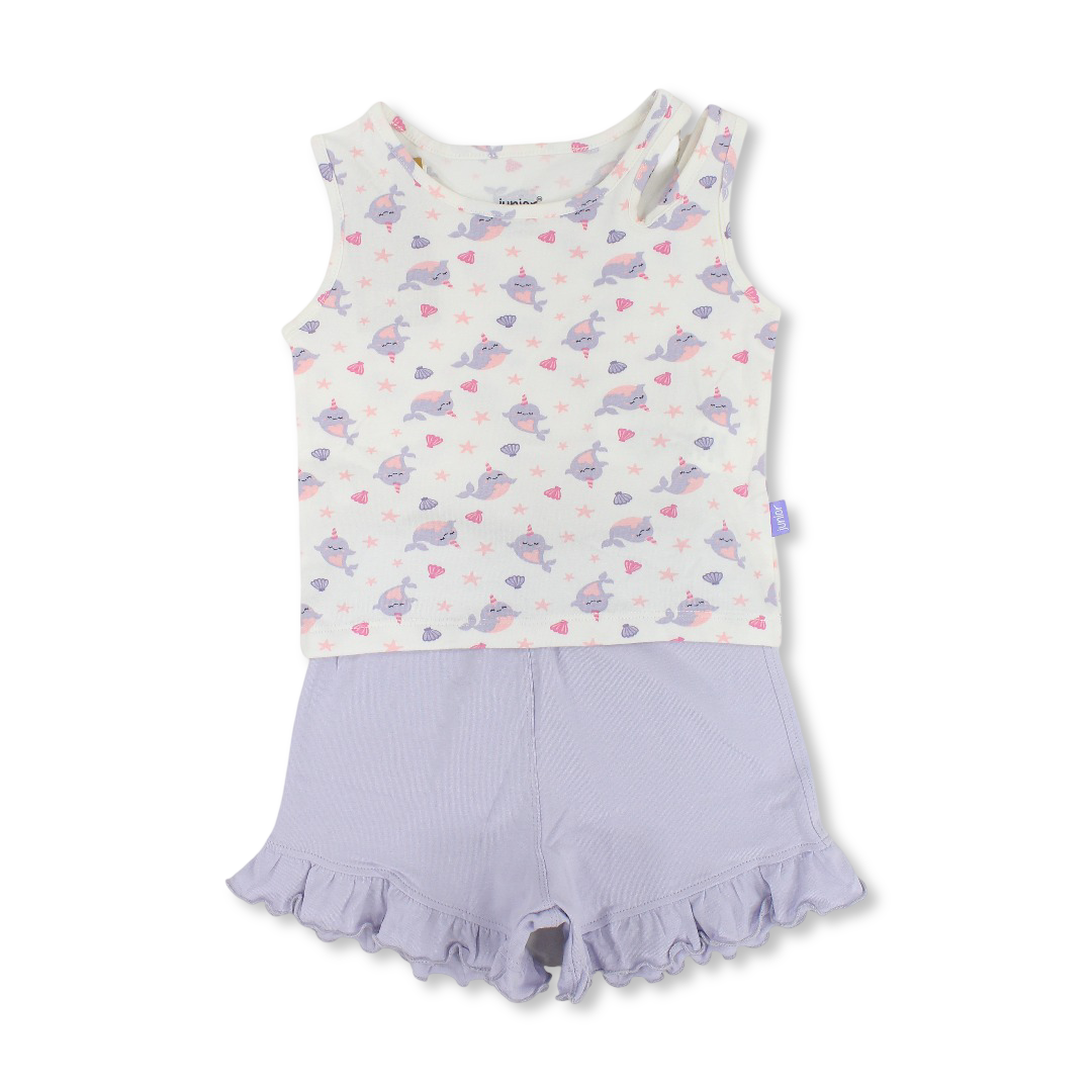 Girls Cotton Sleevless Pajama – Off-White with Whale & Stars Print - Clothing - Junior