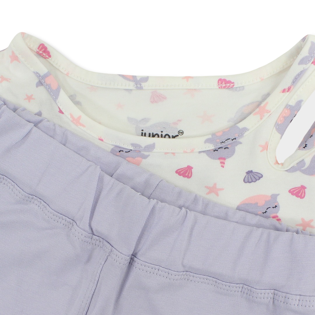 Girls Cotton Sleevless Pajama – Off-White with Whale & Stars Print