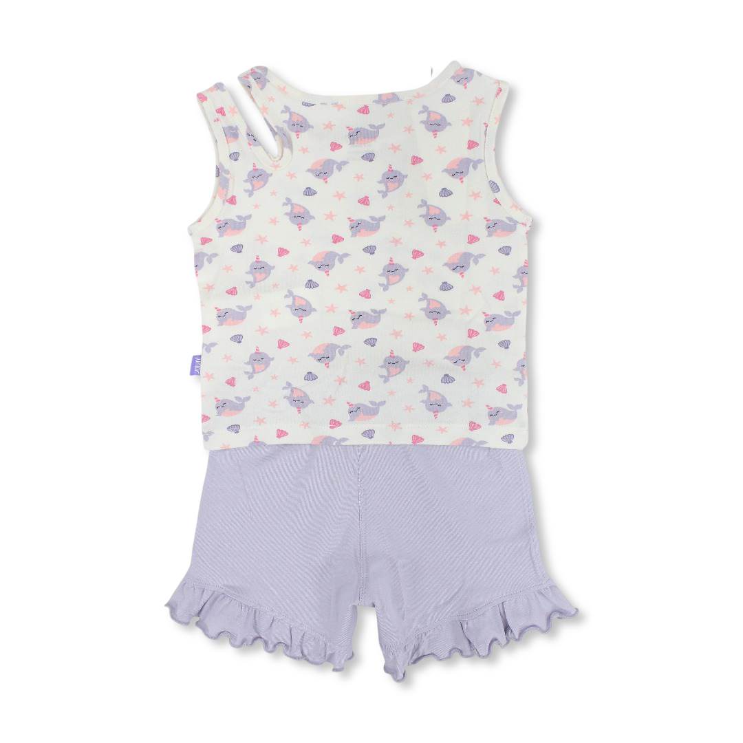 Girls Cotton Sleevless Pajama – Off-White with Whale & Stars Print