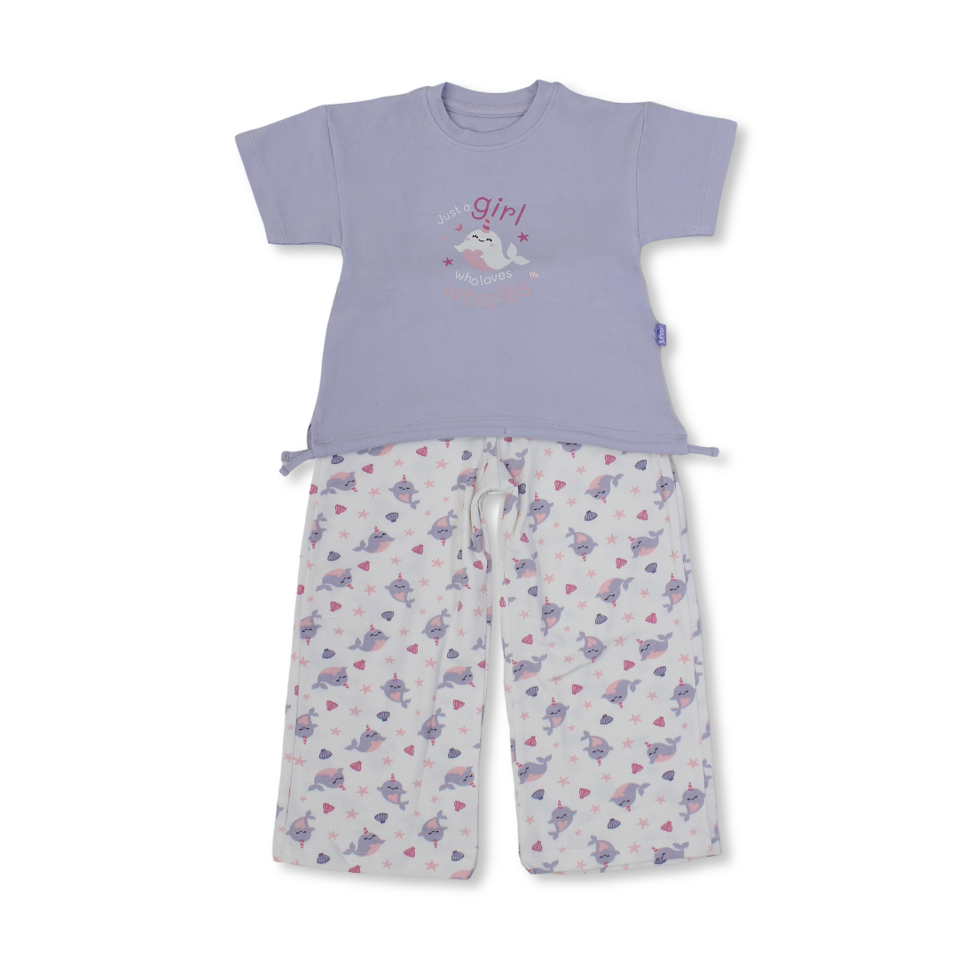 Girls Cotton Pajama – Purple with Whale and Stars Print