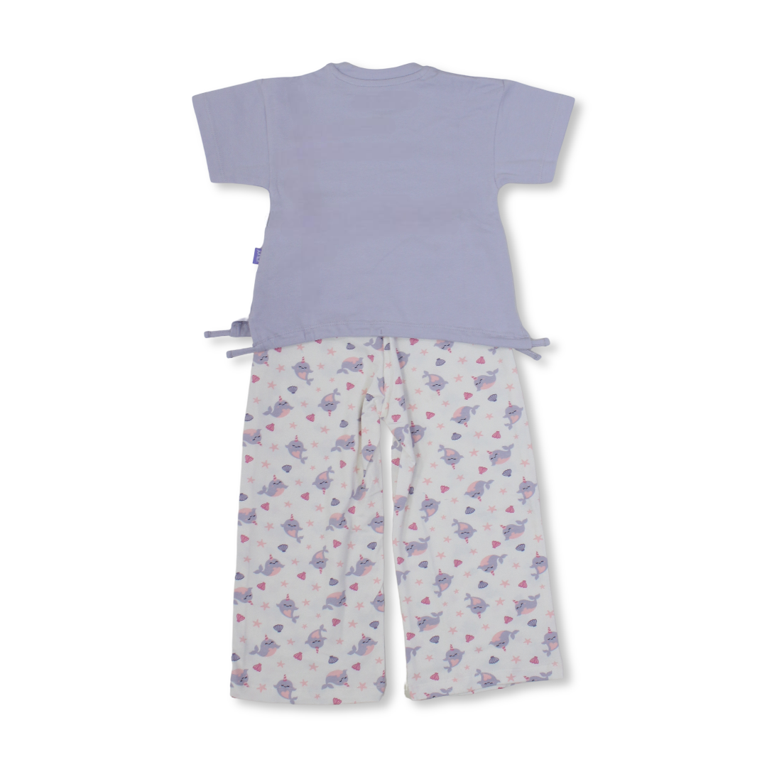 Girls Cotton Pajama – Purple with Whale and Stars Print
