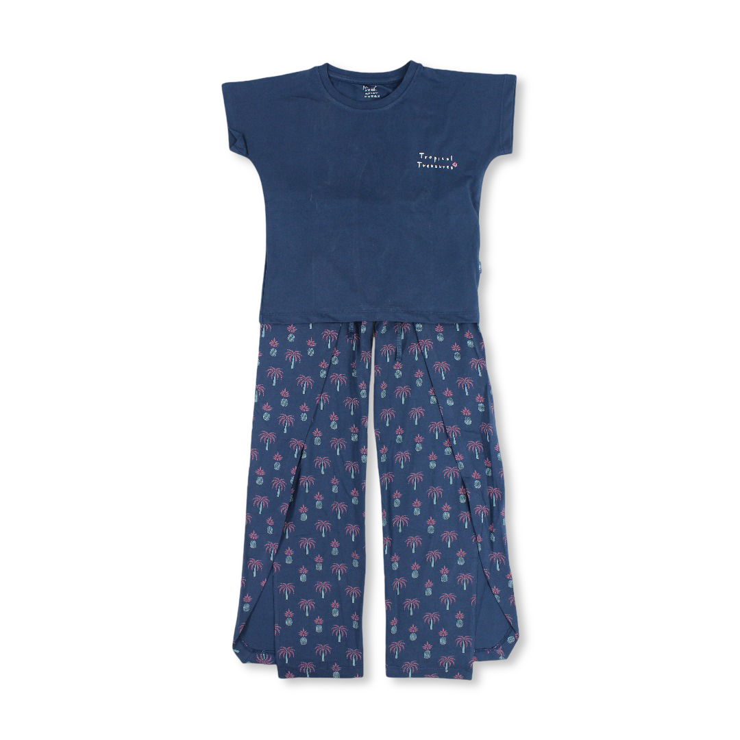 Girls Cotton Pajama – Indigo with Palm Trees & Pineapple Print