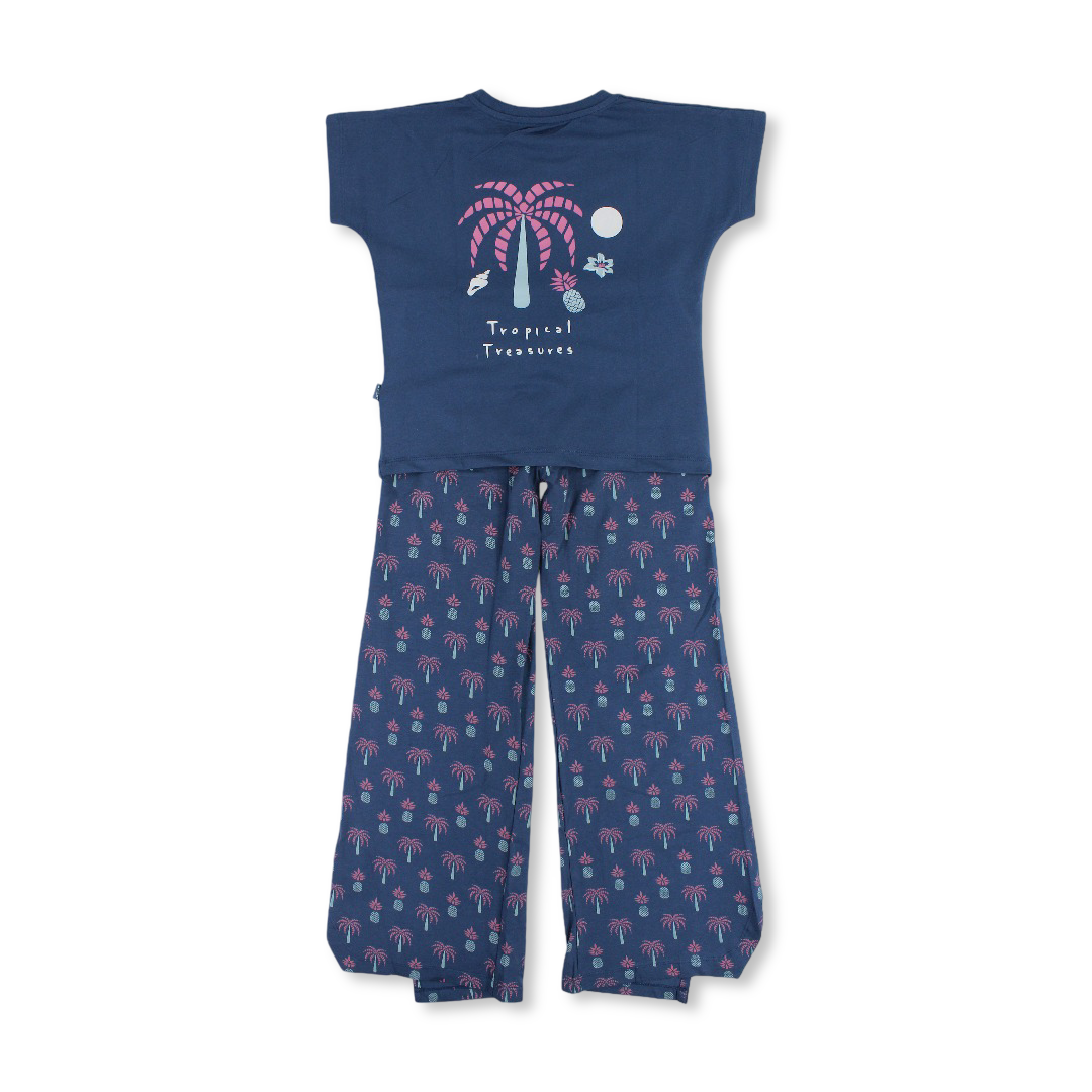 Girls Cotton Pajama – Indigo with Palm Trees & Pineapple Print
