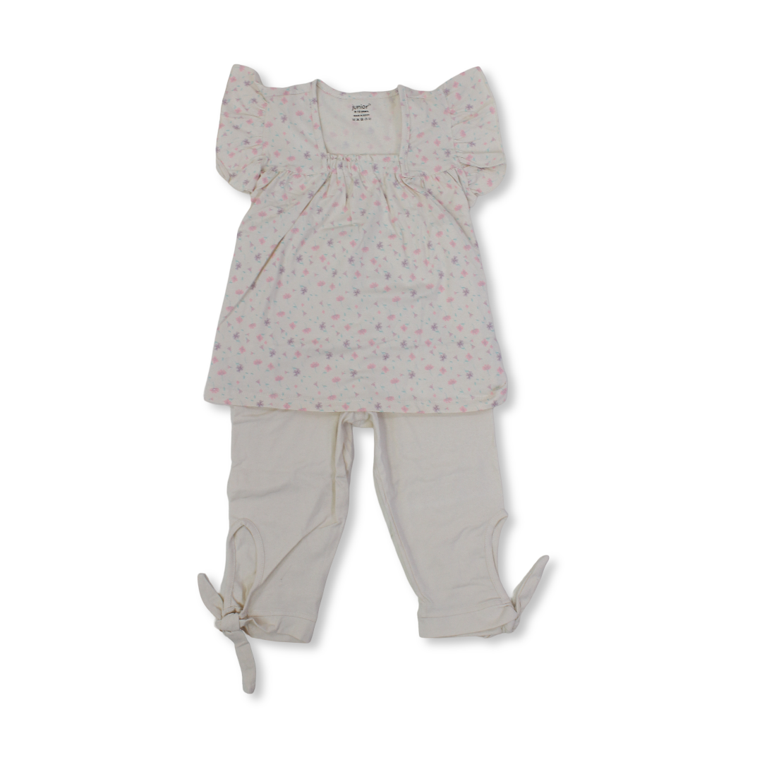 Girls Cotton Pajama – Beige with Flowers Print