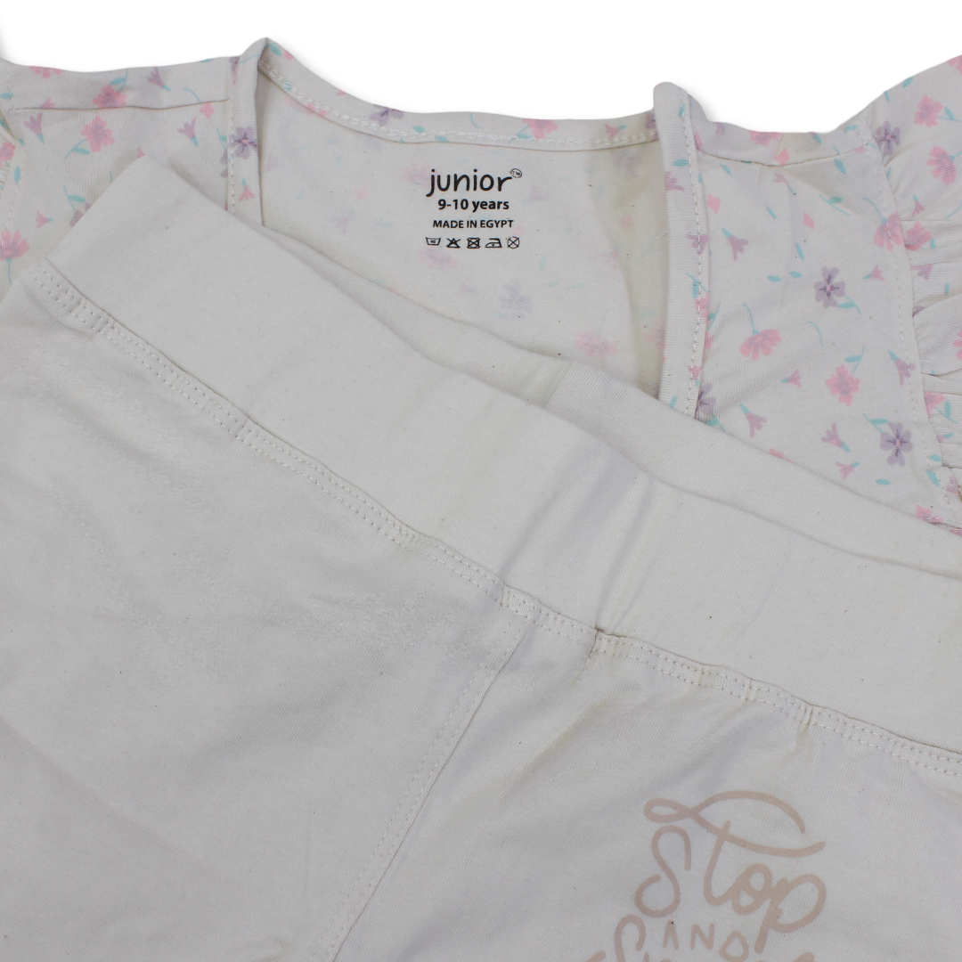 Girls Cotton Pajama – Beige with Flowers Print