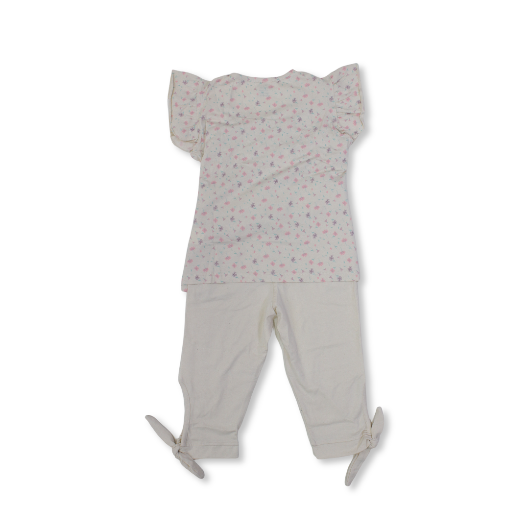 Girls Cotton Pajama – Beige with Flowers Print