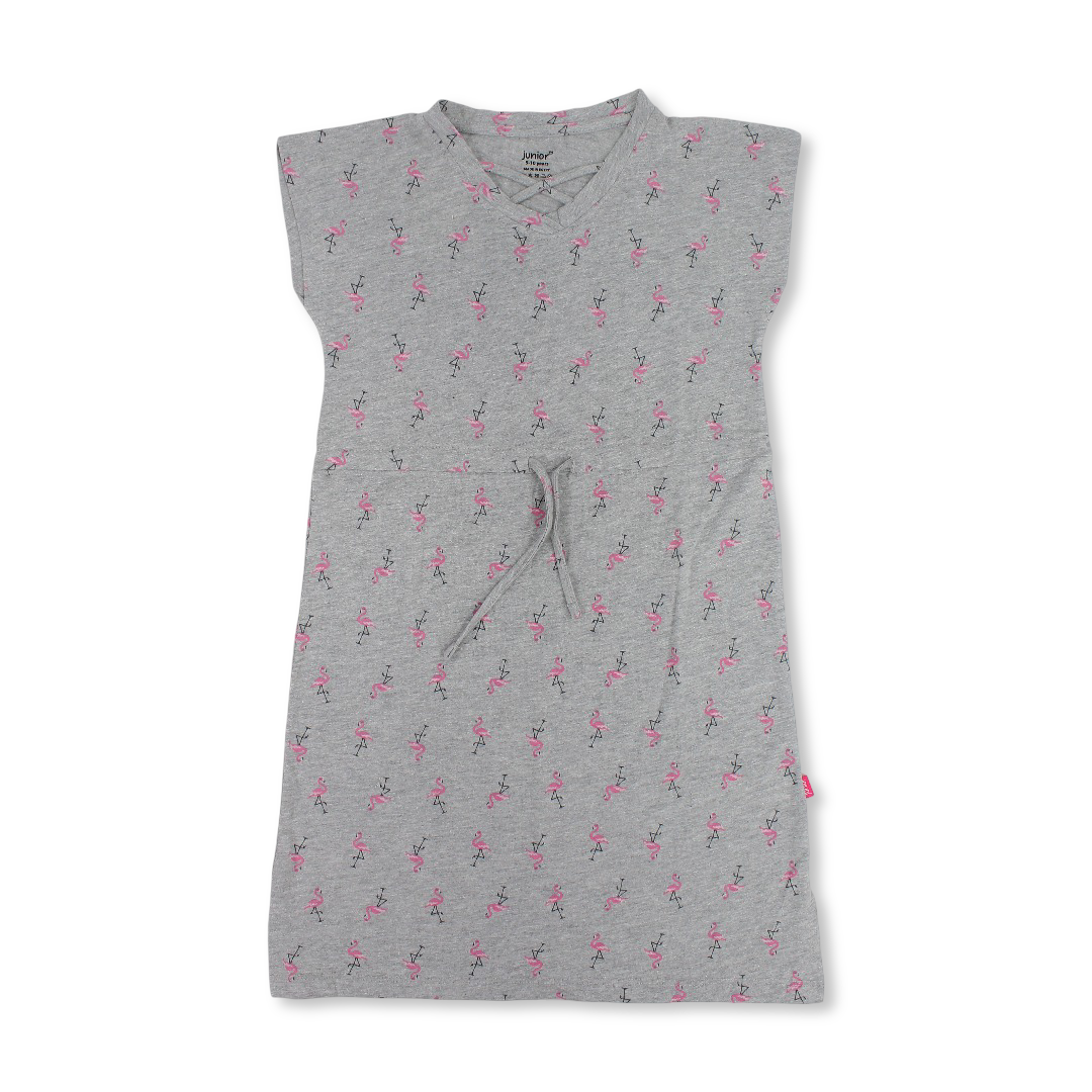 Girls Cotton Sleeveless Dress – Grey with Swan Print