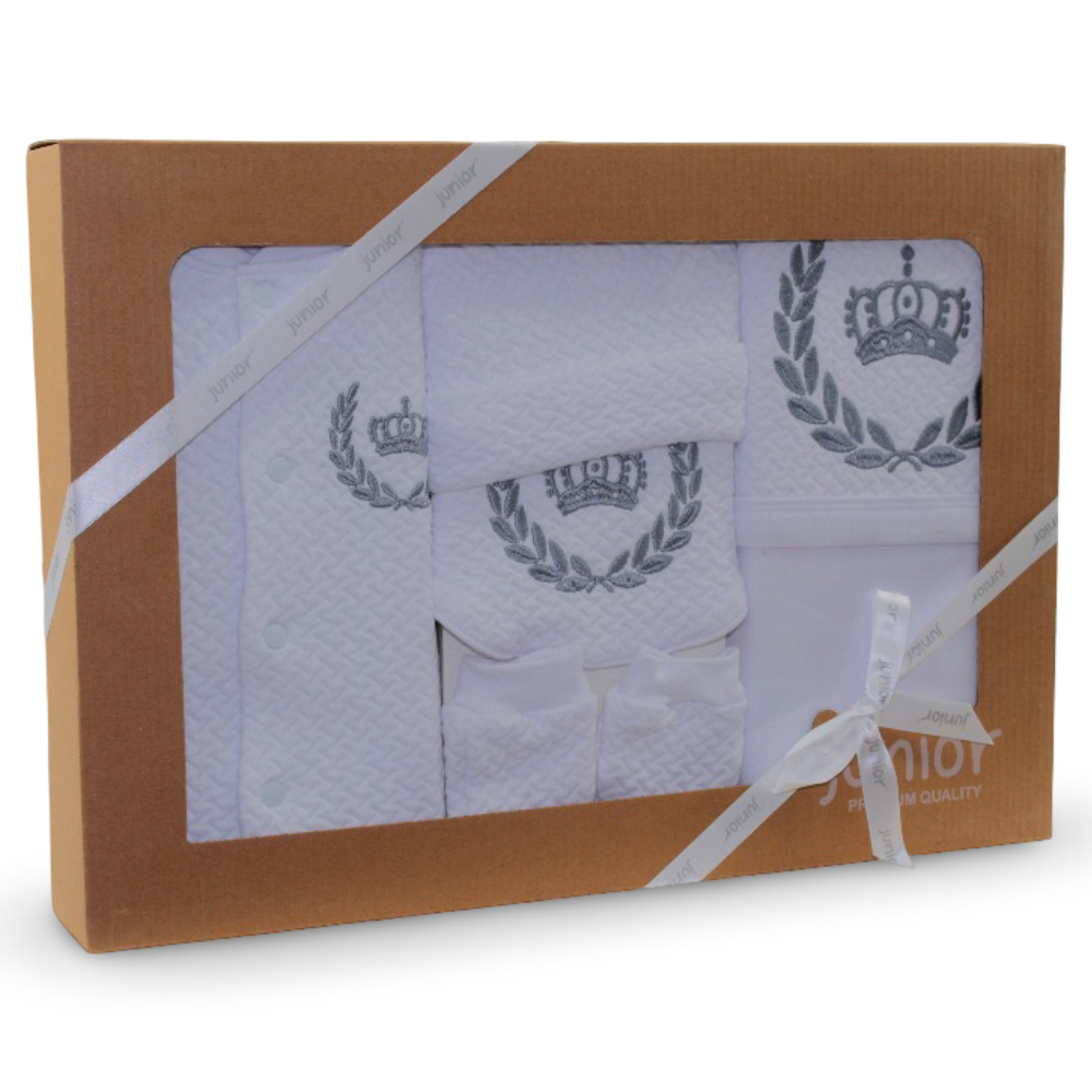 Baby Boys Cotton Gift Box – White with Crown Design (5 Pcs)