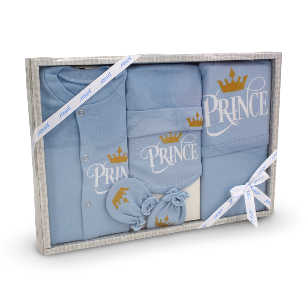 Baby Boys Cotton Gift Clothes Box – 5-Piece Crown Prince Set in Light Blue