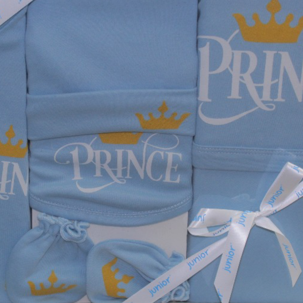 Baby Boys Cotton Gift Clothes Box – 5-Piece Crown Prince Set in Light Blue