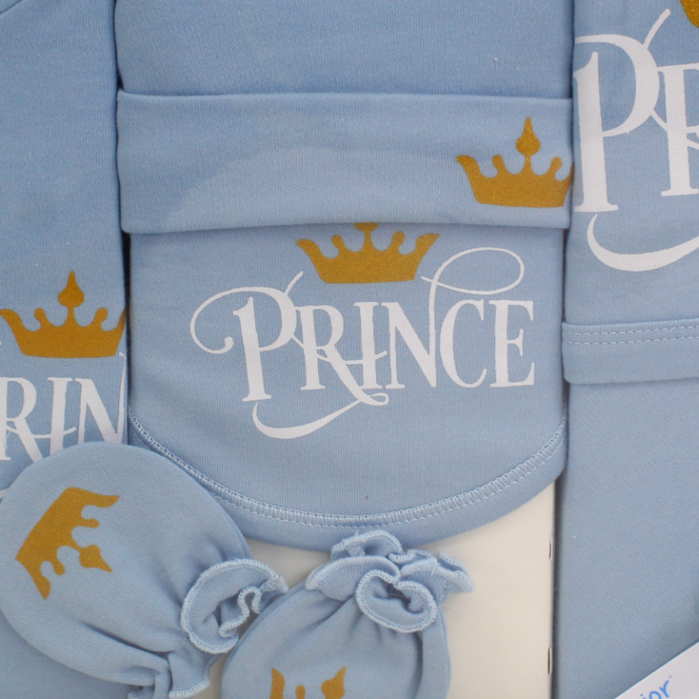 Baby Boys Cotton Gift Clothes Box – 5-Piece Crown Prince Set in Light Blue