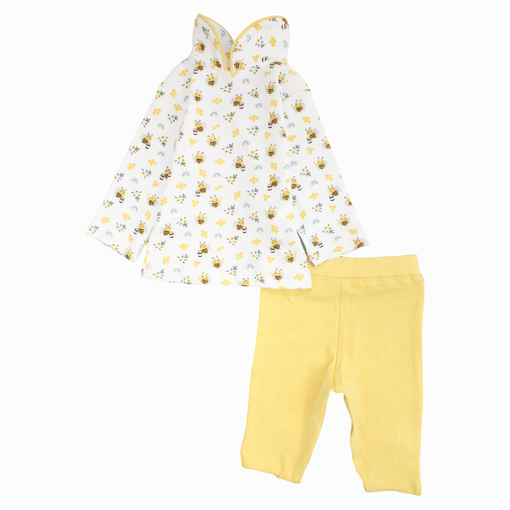 Baby Girls Cotton Pajama Set - White/Yellow with Bee Prints
