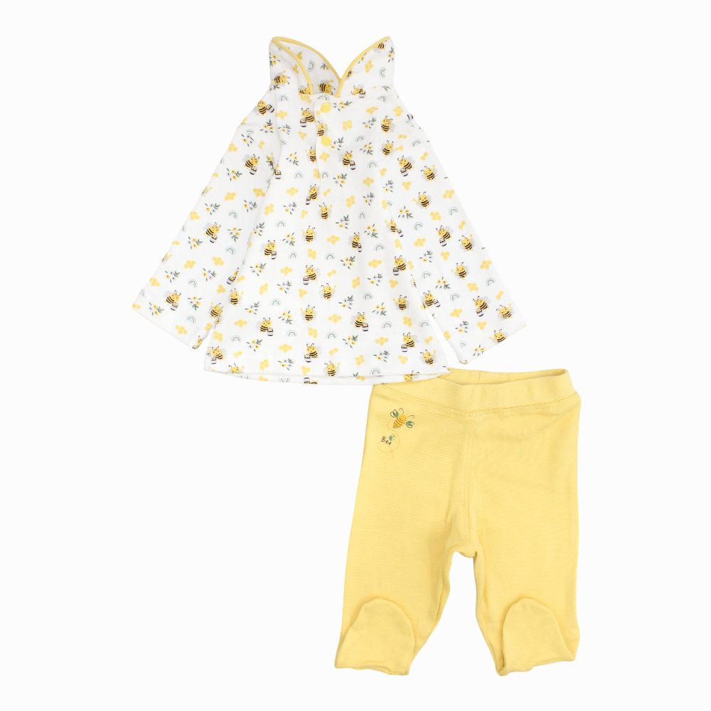 Baby Girls Cotton Pajama Set - White/Yellow with Bee Prints