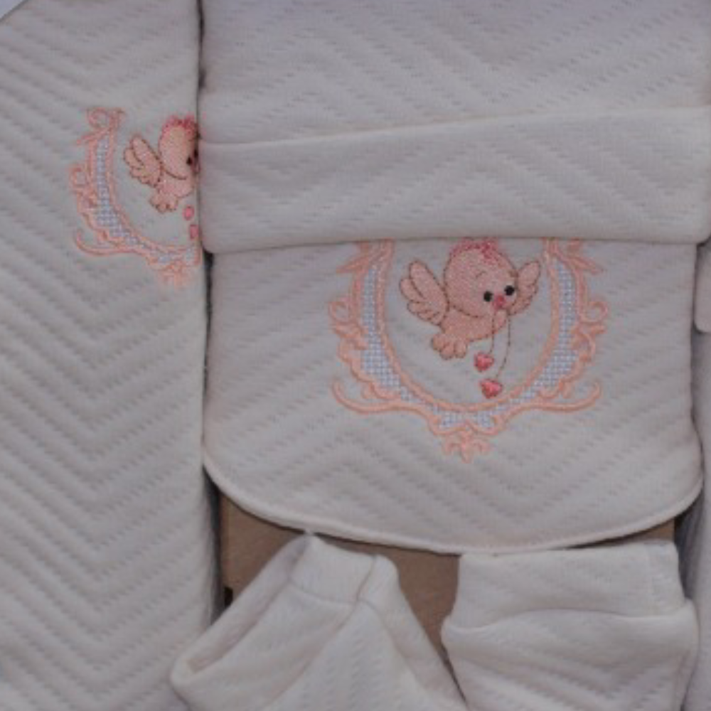 Baby Girls Cotton Gift Box – Off-White with Bird Embroidery