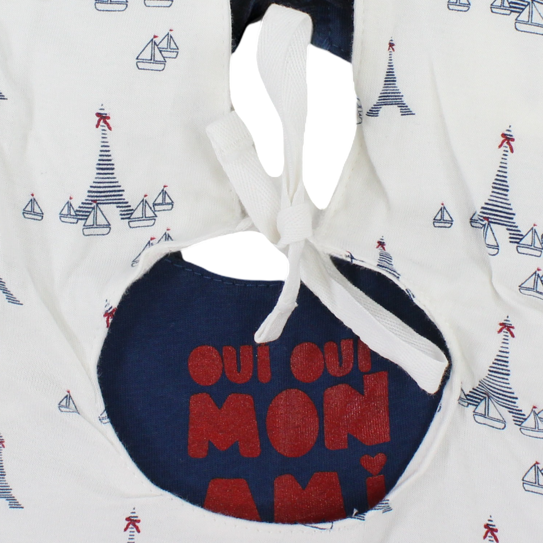 Cotton Baby Bib – Navy & White with "Oui Oui Mon Ami" Print