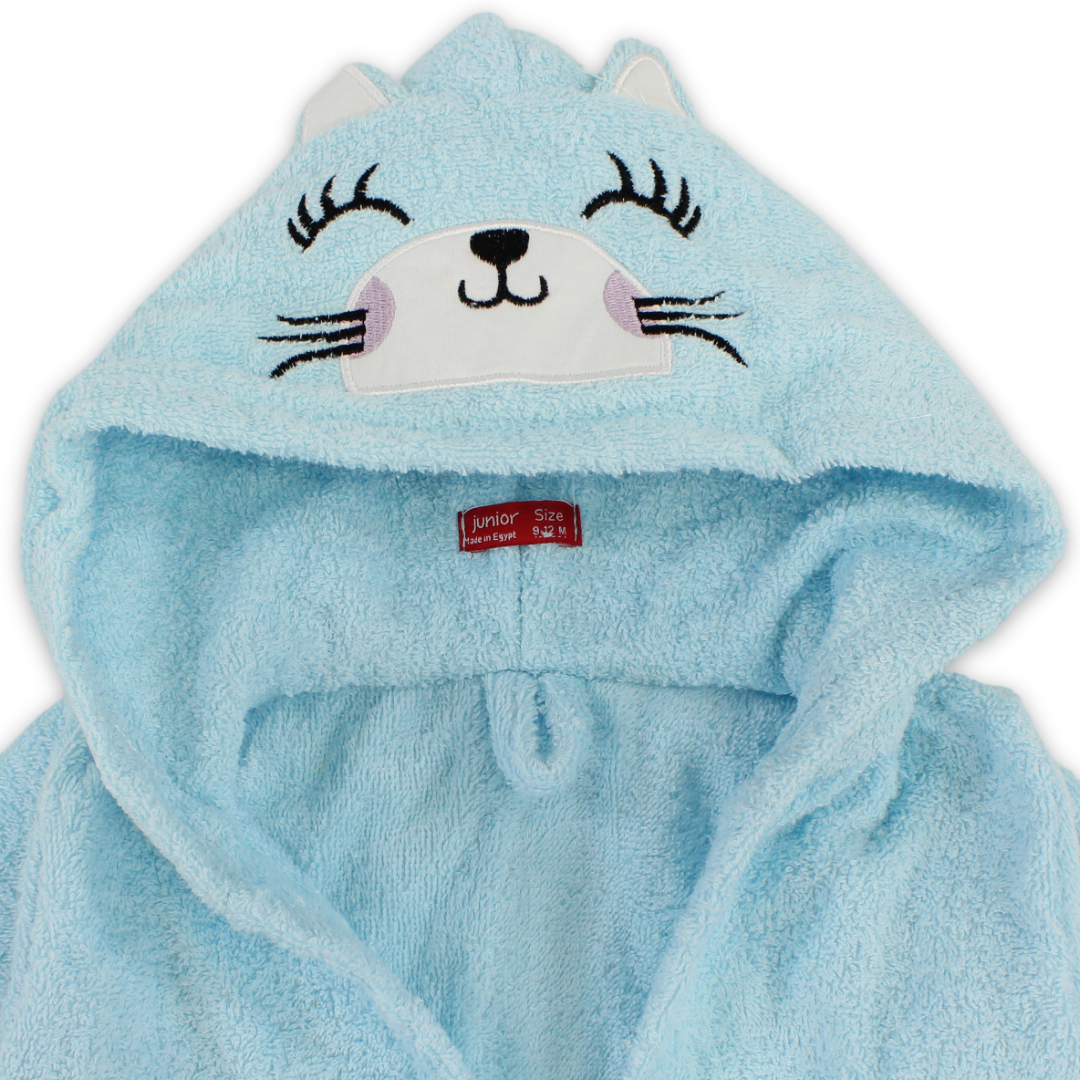 Unisex Baby Cotton Hooded Towel – Aqua with Cat Design