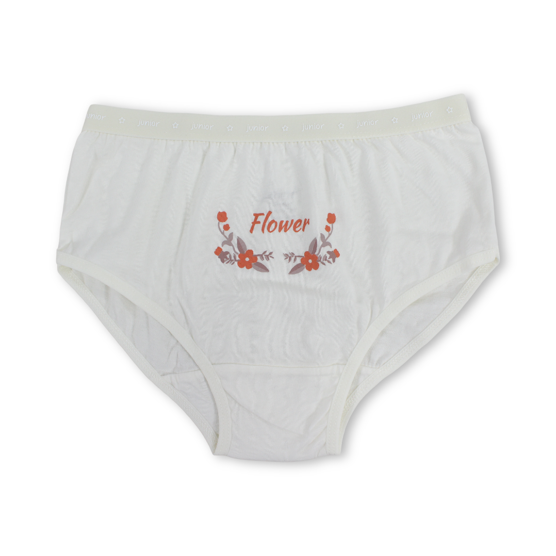 Girls Cotton Pantie – Off-White with "Flower" Print