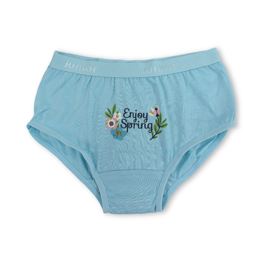 Girls Cotton Pantie – Aqua with "Enjoy Spring" Print