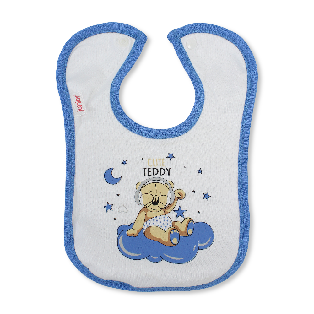Cotton Baby Bib – Indigo & White with Cute Teddy Print
