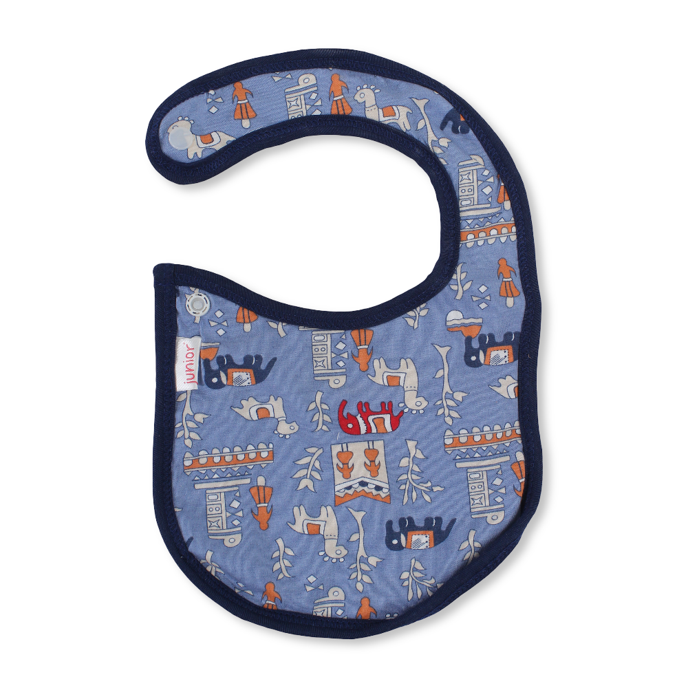 Cotton Baby Bib – Navy & Indigo with Horse and Elephant Print