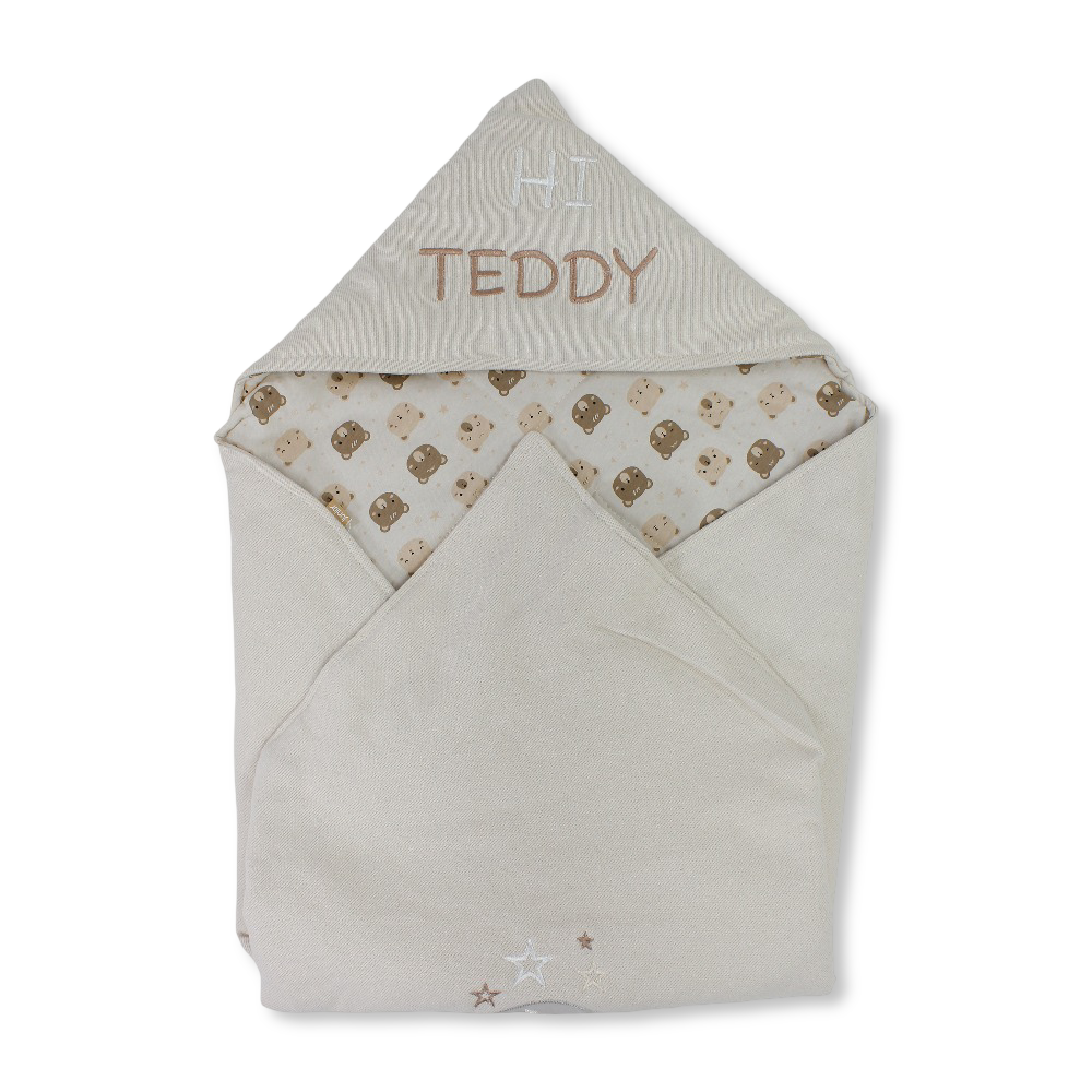 Cotton Baby Blanket – Beige with "Hi Teddy" Design