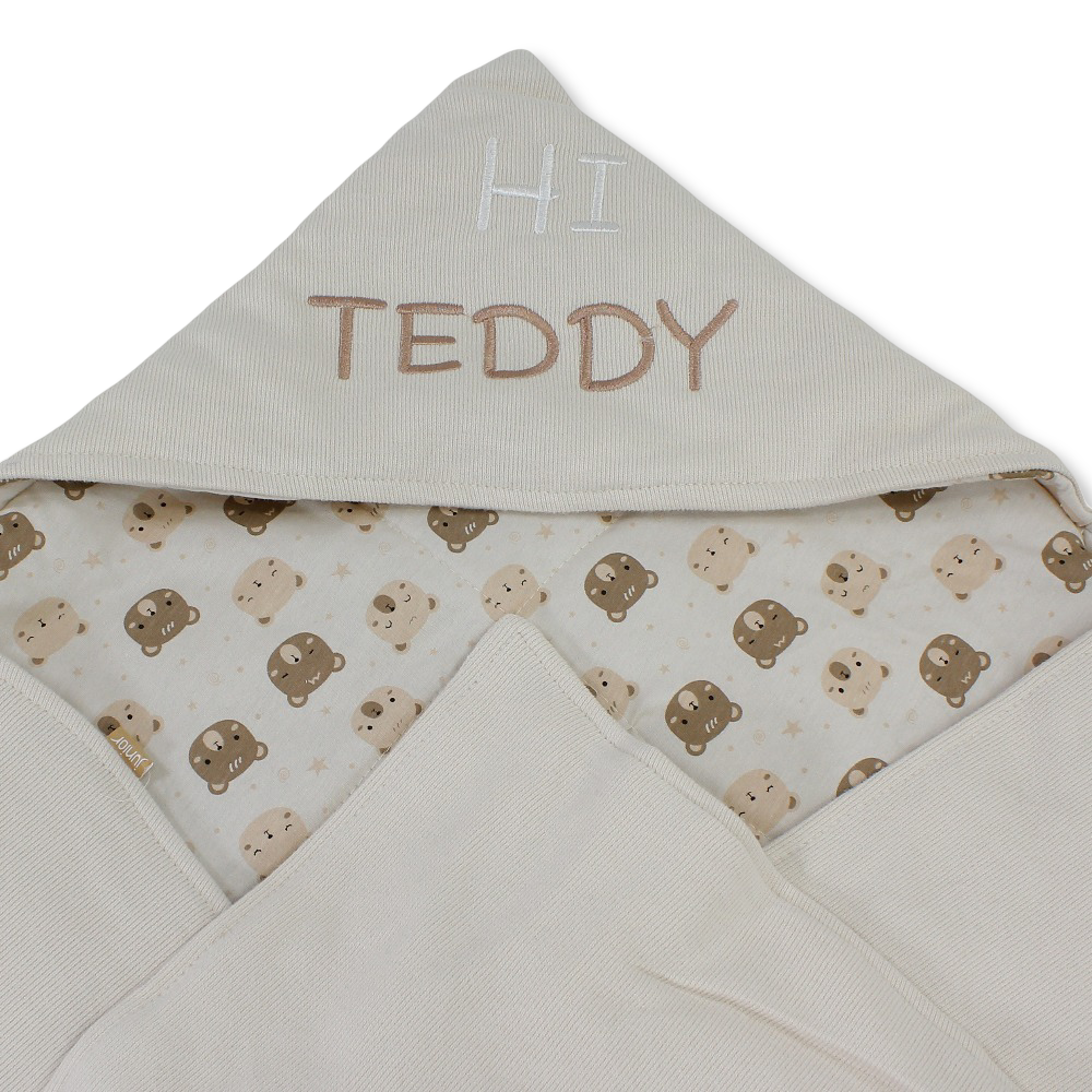 Cotton Baby Blanket – Beige with "Hi Teddy" Design