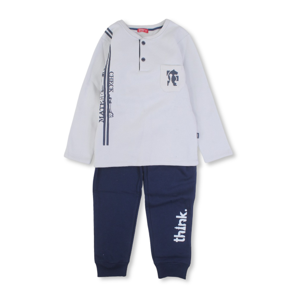 Boys Cotton Pajama Set – Grey/Navy with “Check Mate” Print - Clothing - Junior