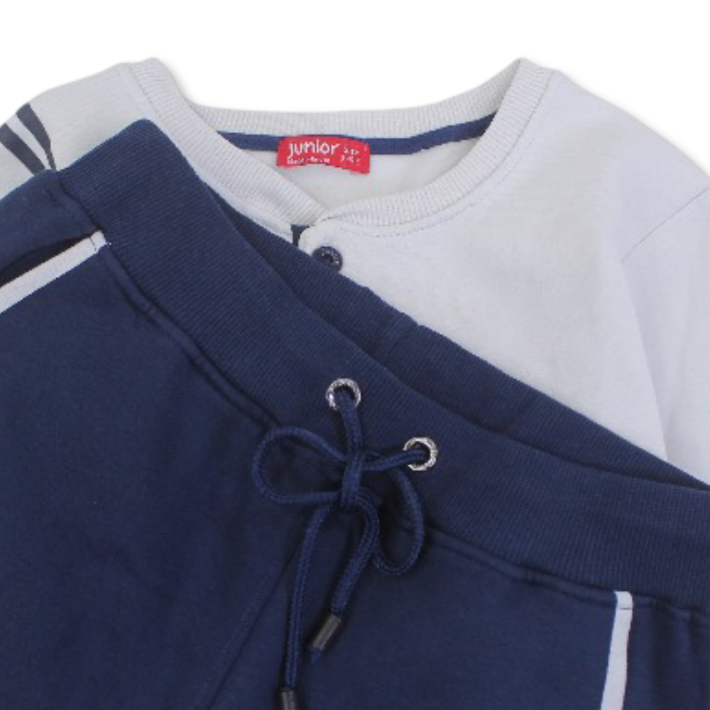Boys Cotton Pajama Set – Grey/Navy with “Check Mate” Print