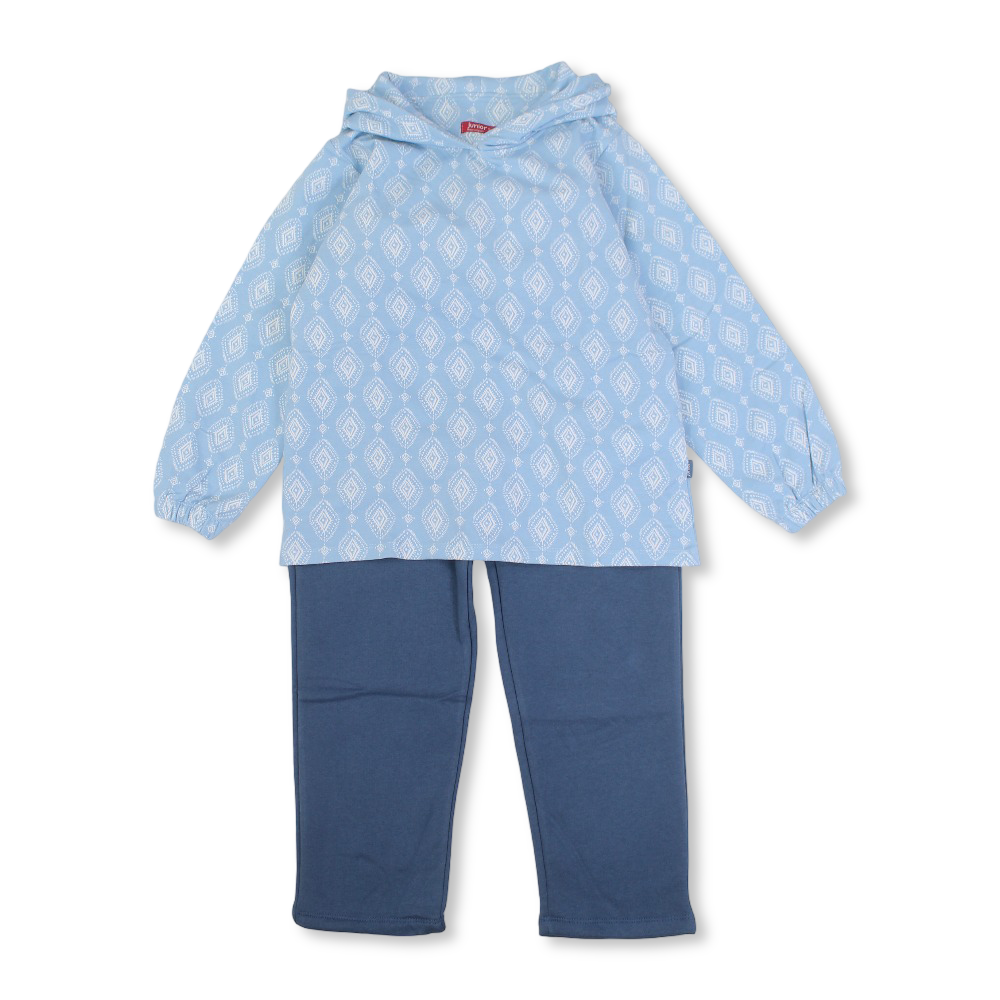 Girls Cotton Hooded Pajama Set – Baby Blue/Navy with Geometric Pattern - Clothing - Junior