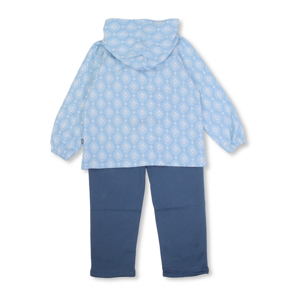 Girls Cotton Hooded Pajama Set – Baby Blue/Navy with Geometric Pattern