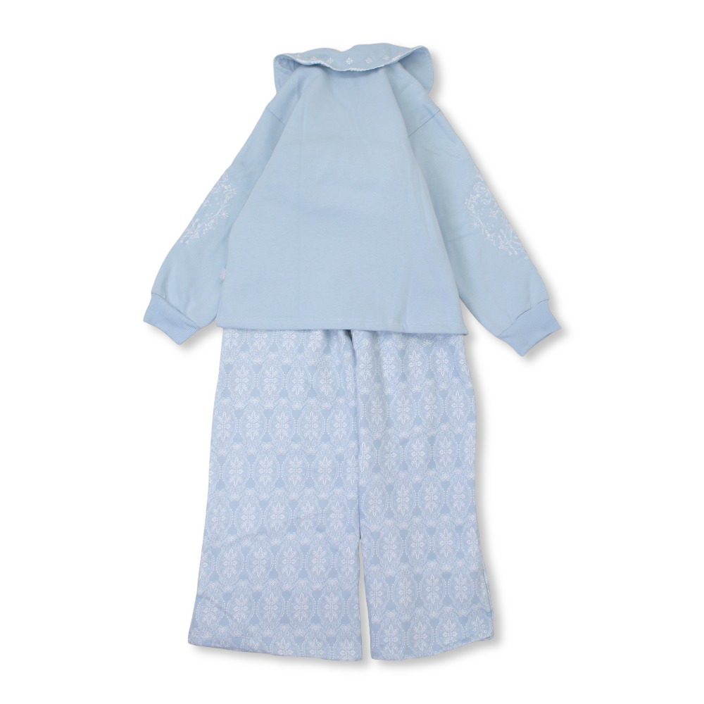Girls Cotton Pajama Set – Baby Blue with Classic Print