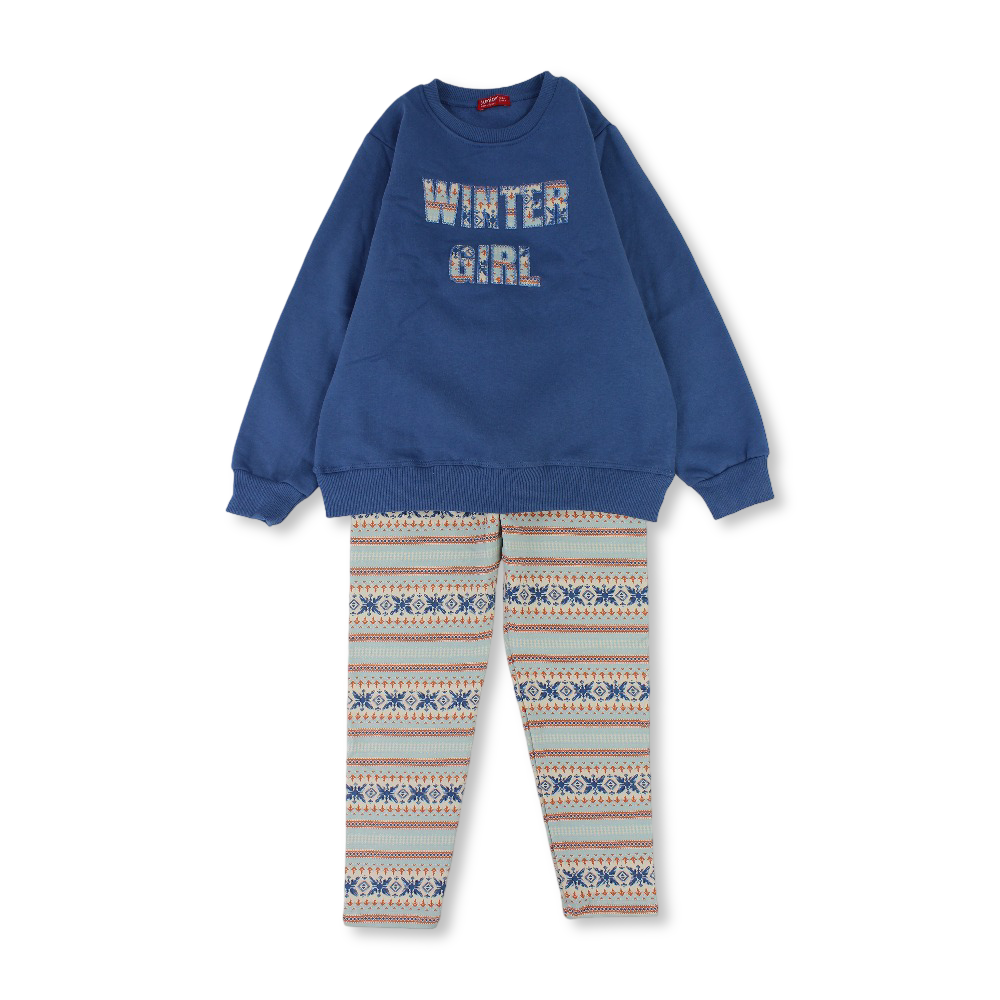 Girls Cotton Pajama Set – Indigo with “Winter Girl” Print