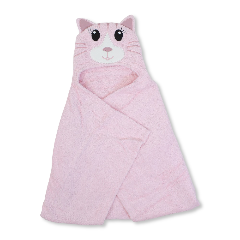 Cotton Baby Hooded Towel – Pink with Cat Design