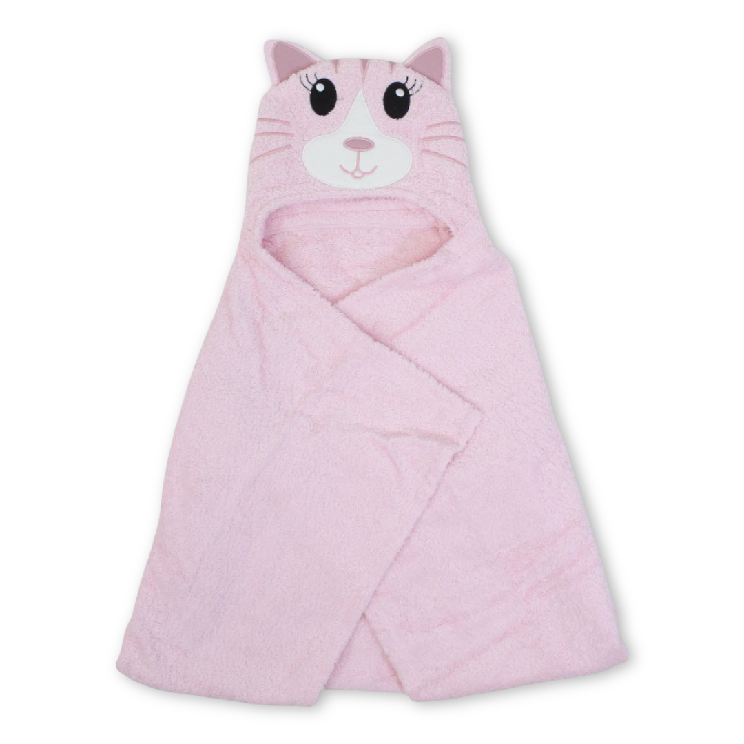 Cotton Baby Hooded Towel – Pink with Cat Design