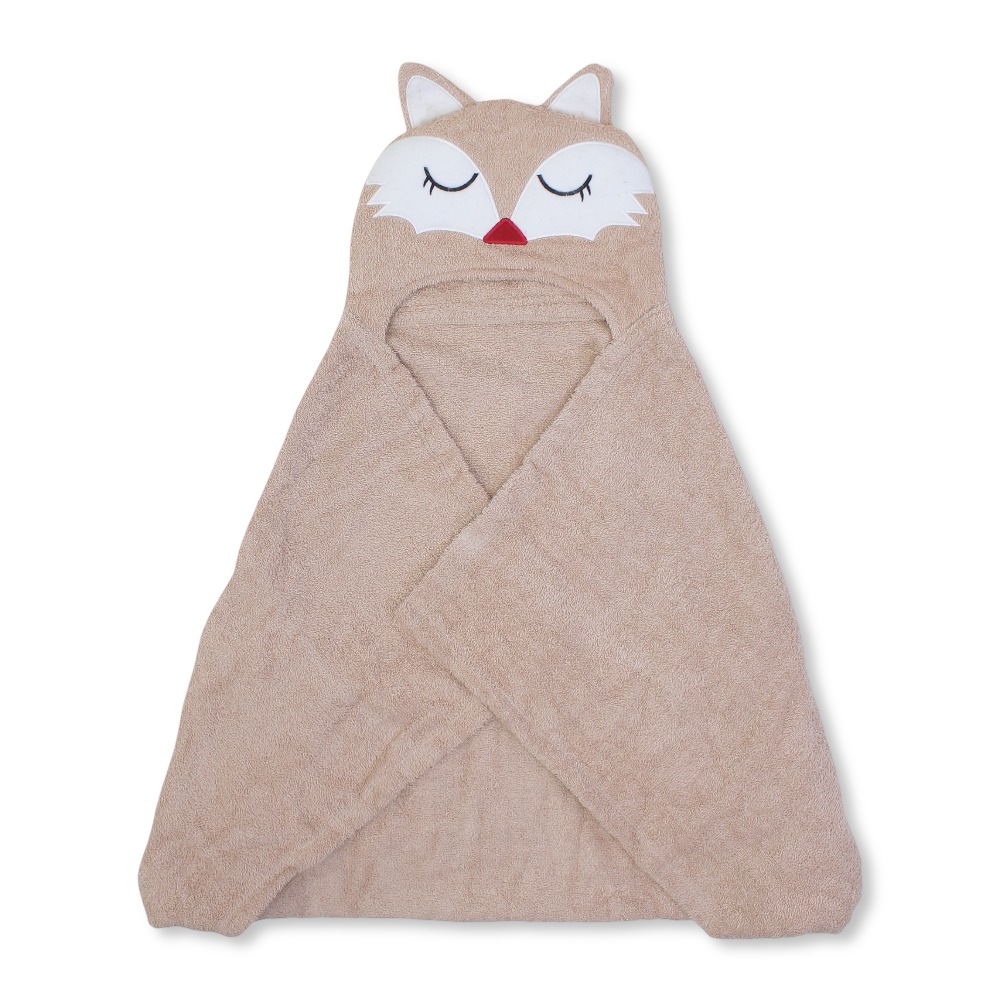 Cotton Baby Hooded Towel – Beige with Fox Design
