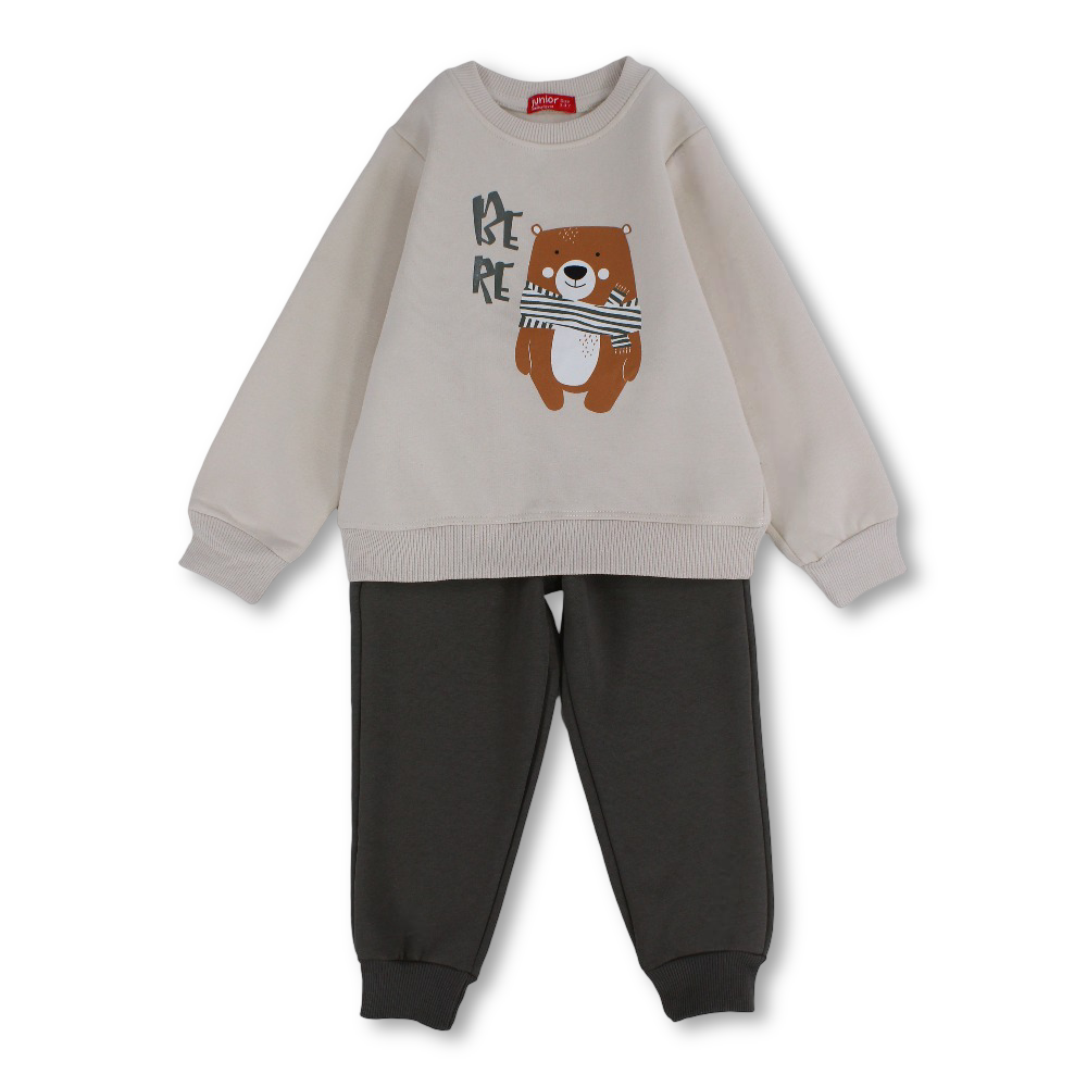 Boys Cotton Pajama Set  – Beige/Grey with Bear Print