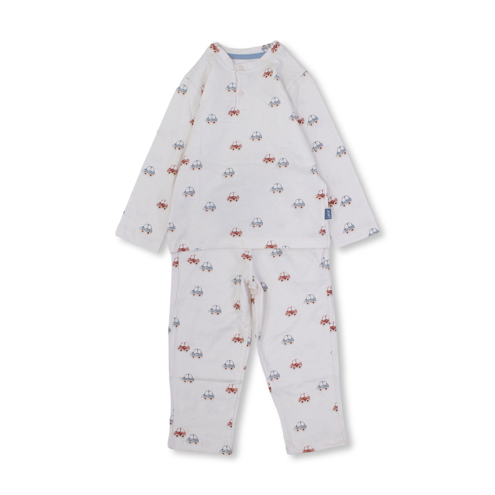 Boys Cotton Pajama – Off-White with Cars Print