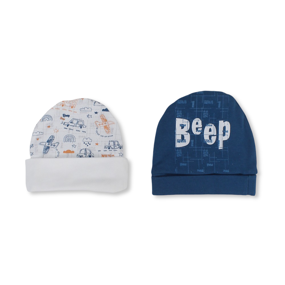 Baby Boys Cotton Beanie – Off-White & Janzary with Beep Print