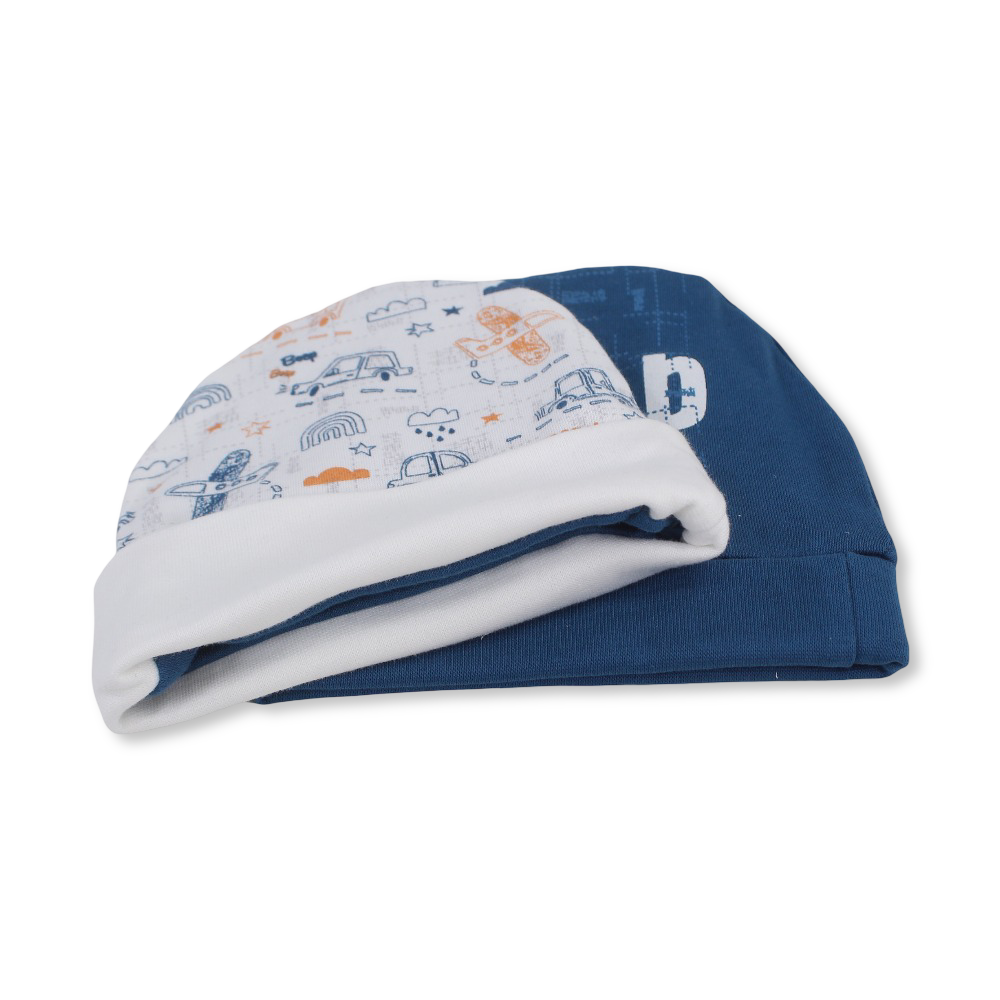 Baby Boys Cotton Beanie – Off-White & Janzary with Beep Print